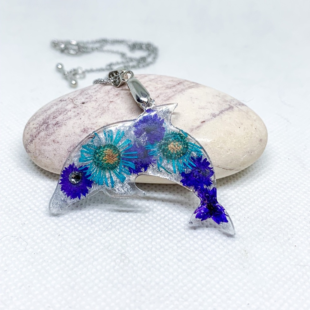 Dolphin necklace,Real flower necklace Dolphin gift